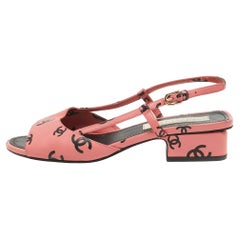 Chanel Pink/Black CC Print Leather Slingback Sandals Size 37.5