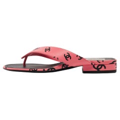 Chanel Pink/Black CC Print Leather Thong Sandals Size 36