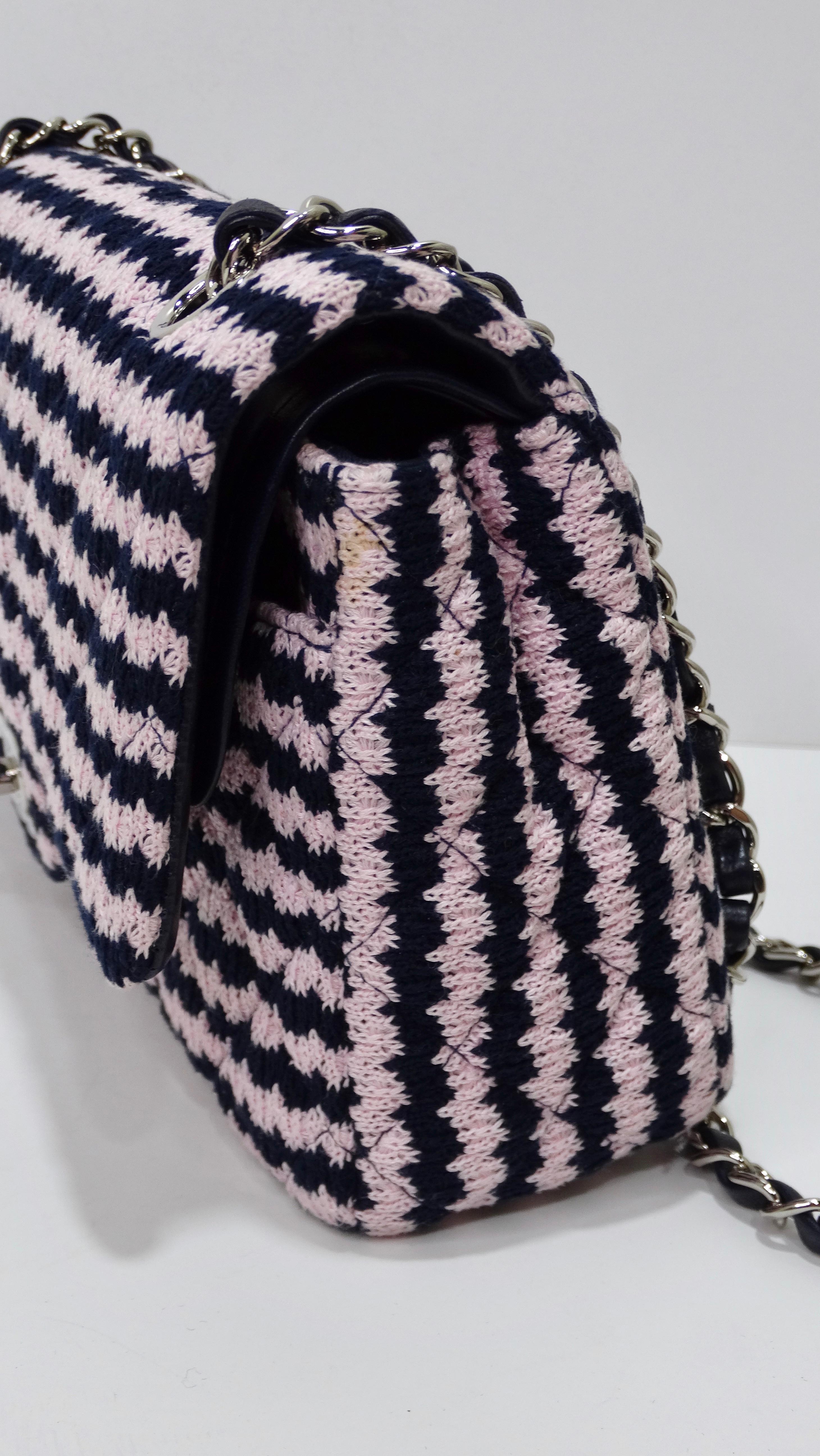 Chanel Pink/Black Knit Pattern Double Flap Handbag For Sale 1
