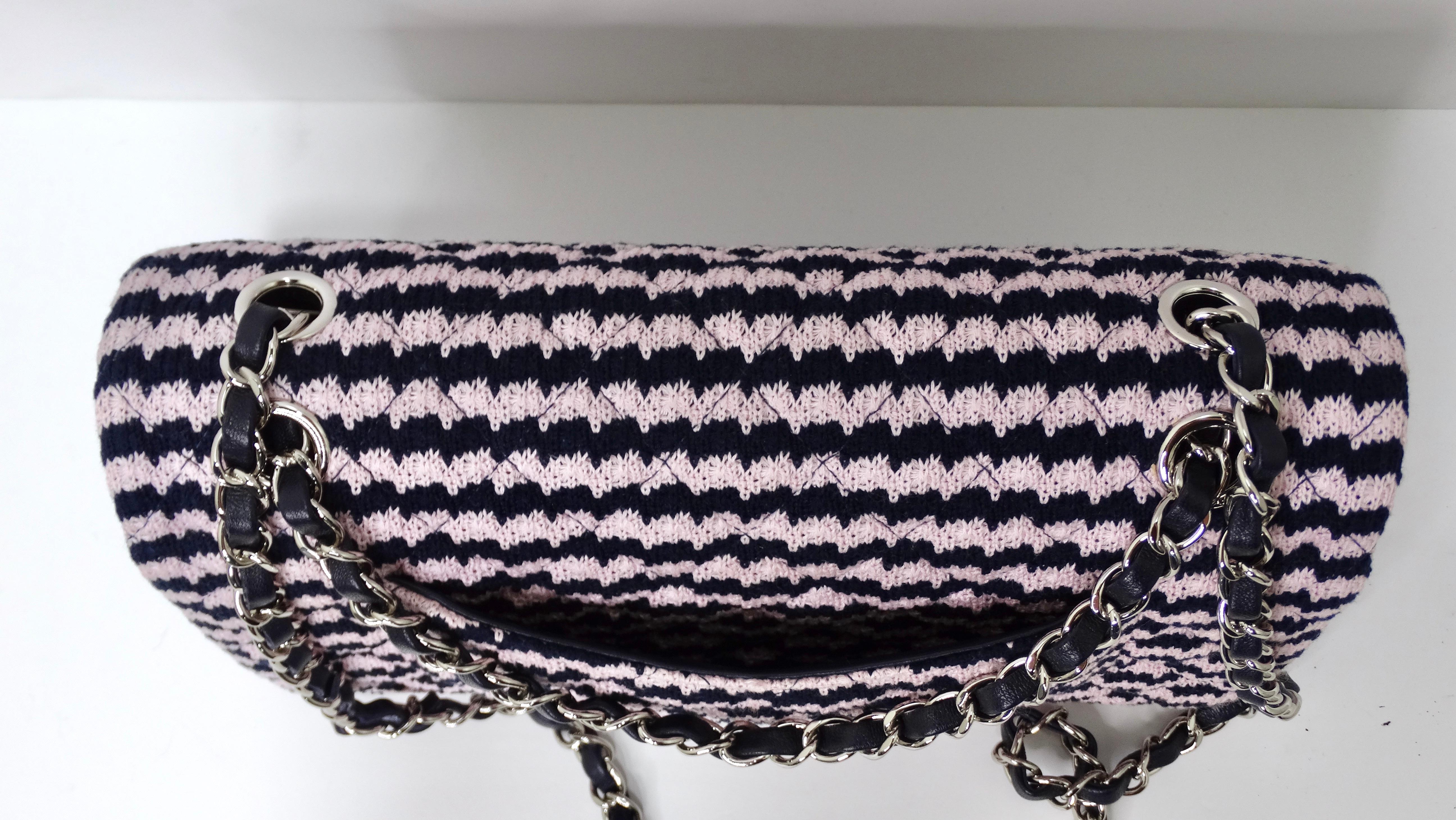 Chanel Pink/Black Knit Pattern Double Flap Handbag For Sale 2