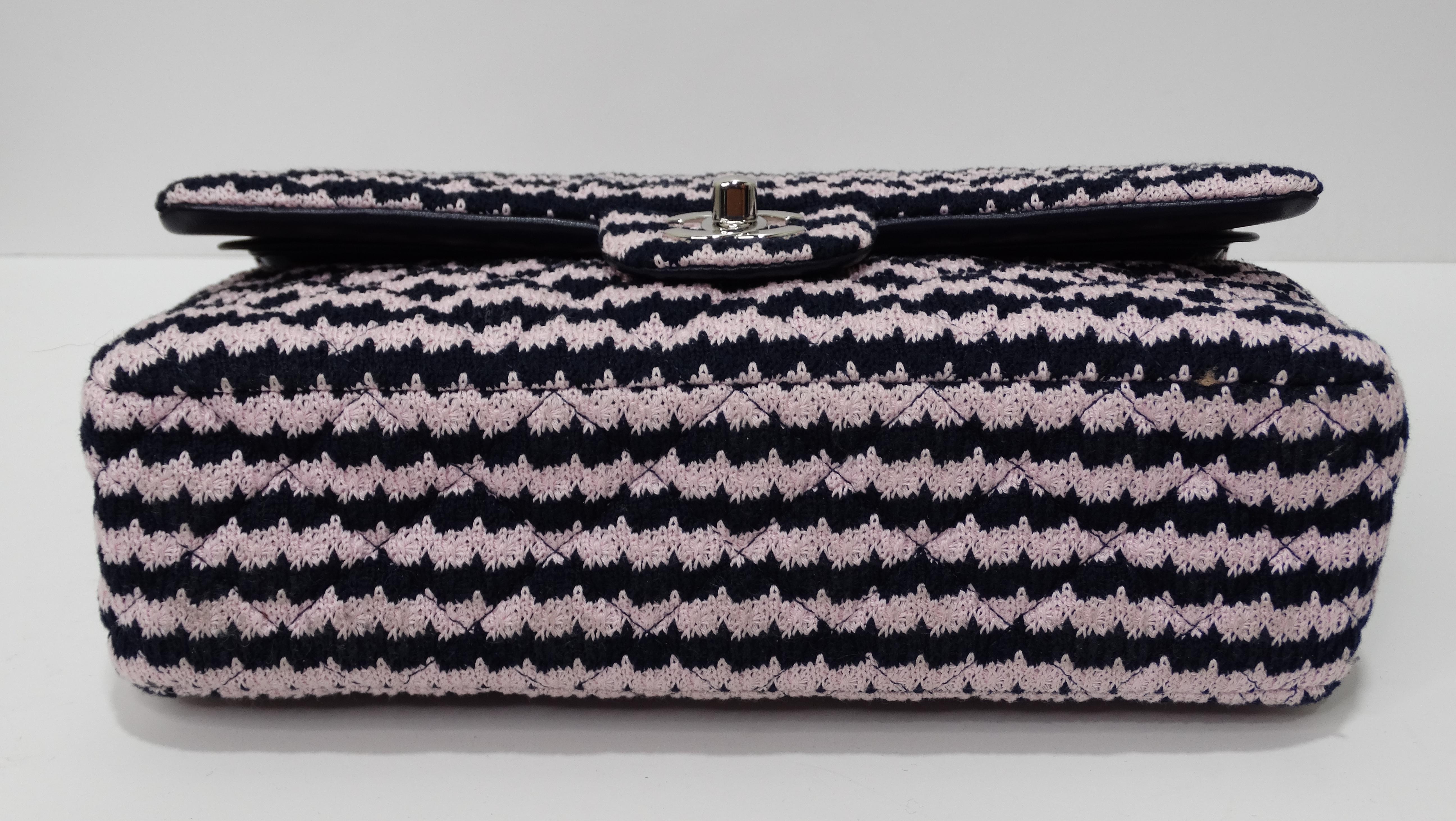 Chanel Pink/Black Knit Pattern Double Flap Handbag For Sale 3