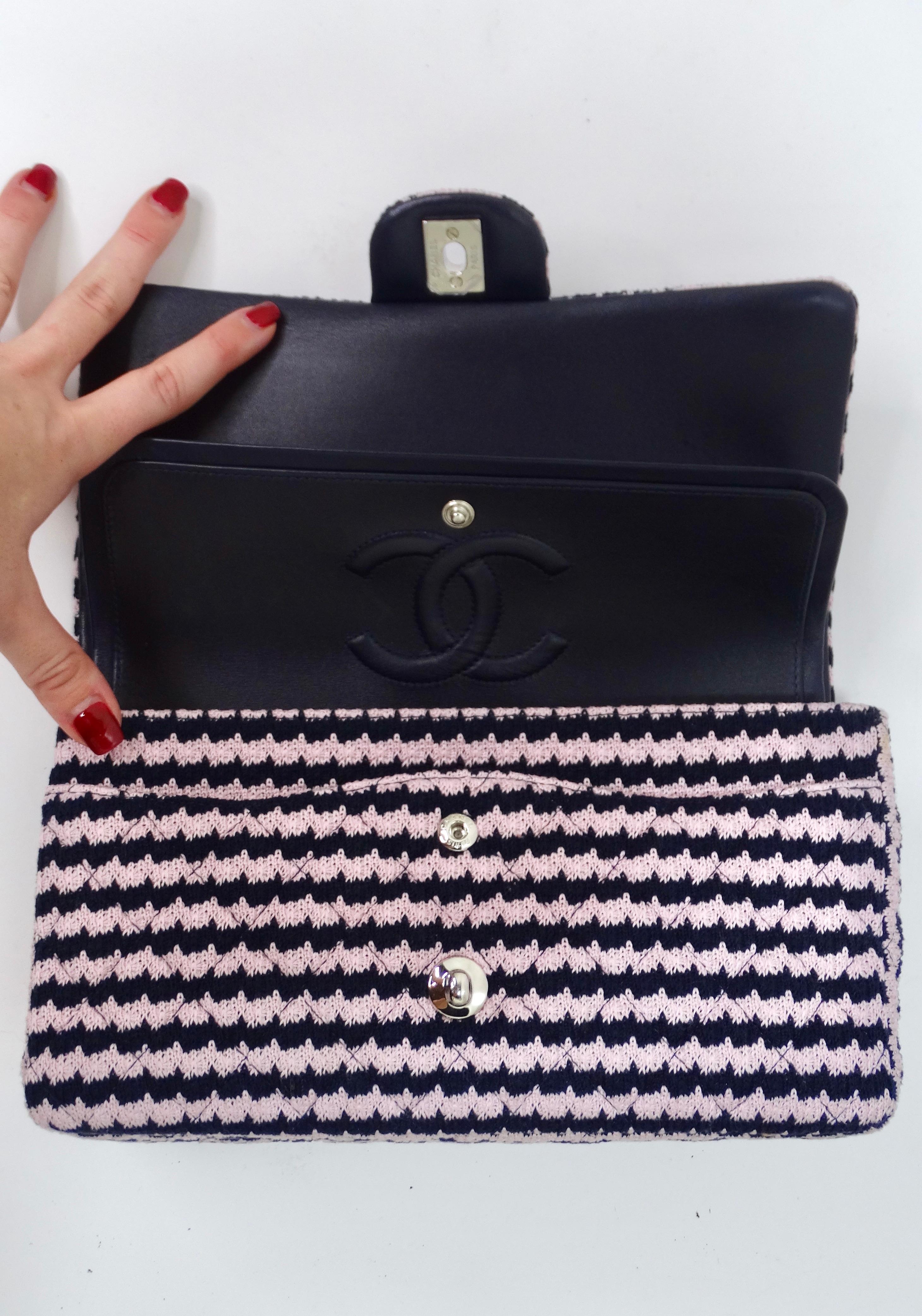 Chanel Pink/Black Knit Pattern Double Flap Handbag For Sale 5