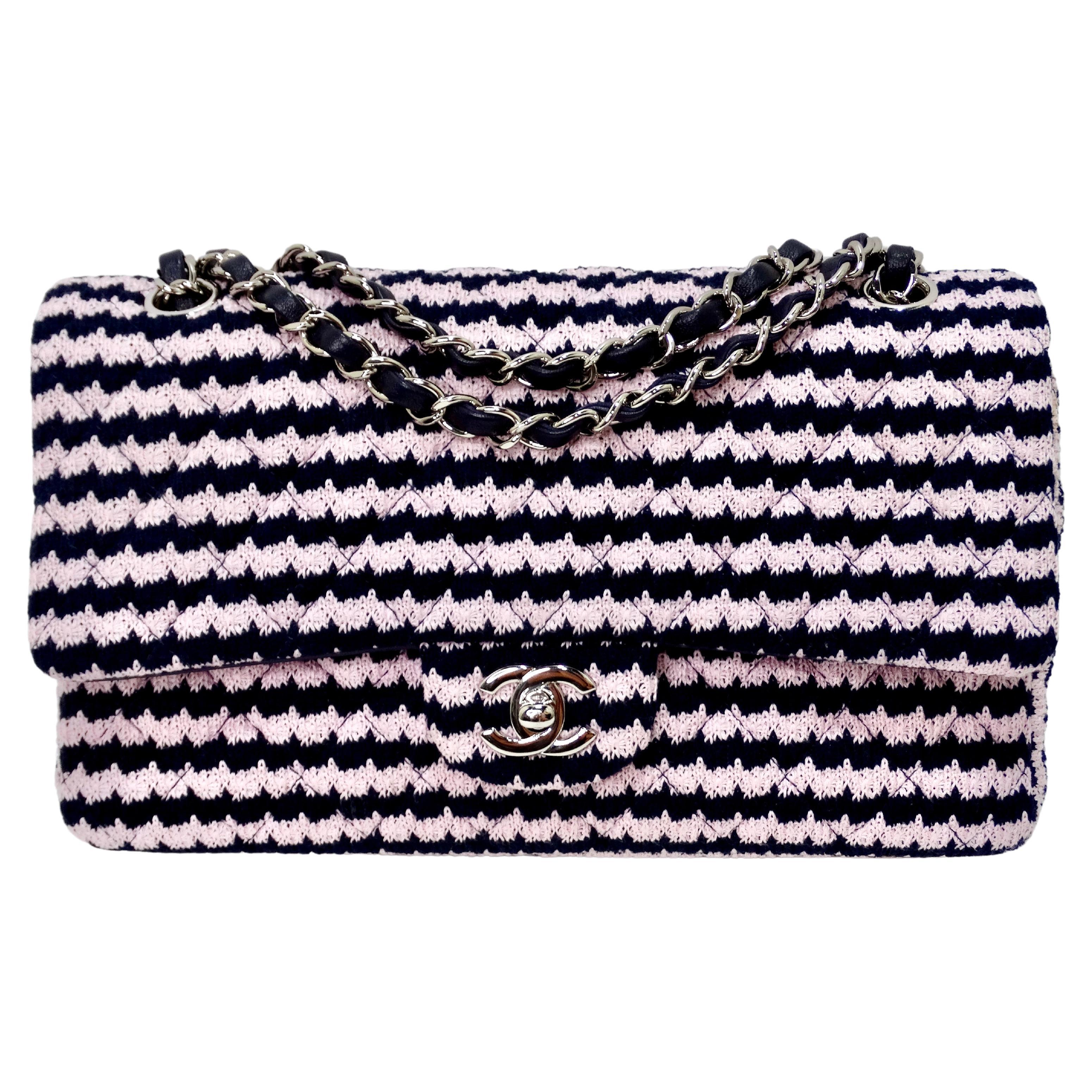 Chanel Pink/Black Knit Pattern Double Flap Handbag For Sale