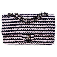 Used Chanel Pink/Black Knit Pattern Double Flap Handbag