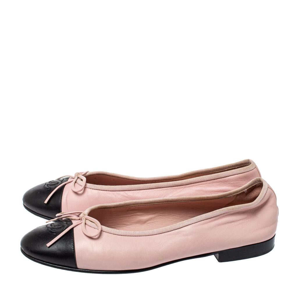 Beige Chanel Pink/Black Leather Bow CC Cap Toe Ballet Flats Size 38