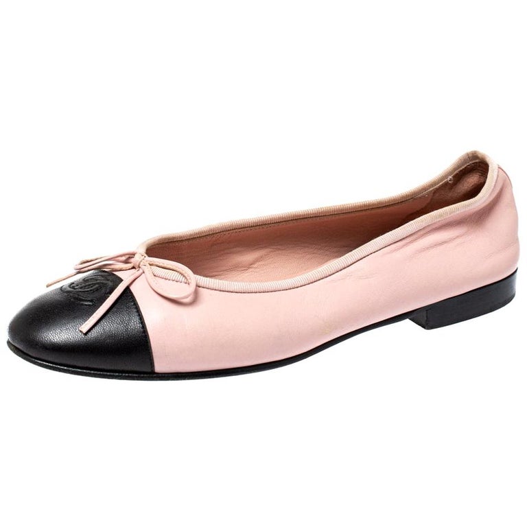 Chanel Pink/Black Leather Bow CC Cap Toe Ballet Flats Size 38 at