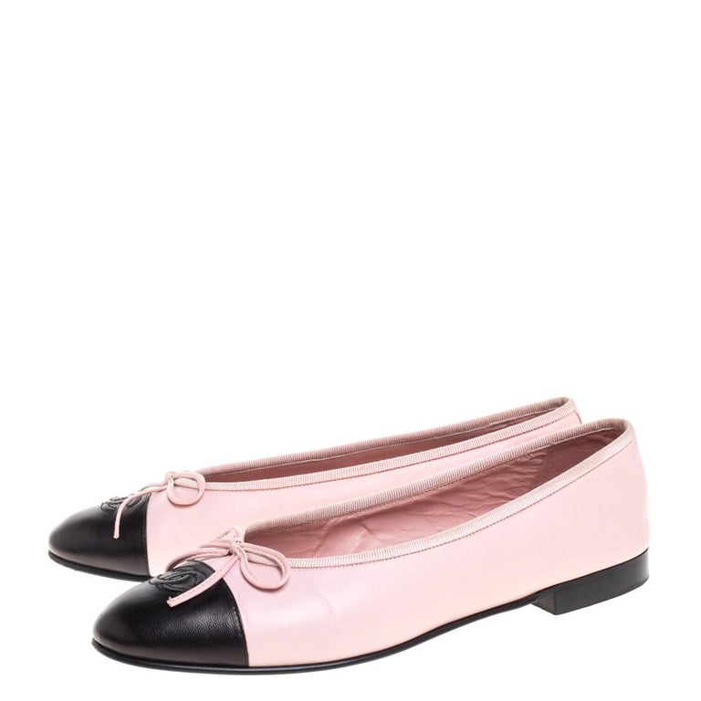 Chanel Pink/Black Leather Bow CC Cap Toe Ballet Flats Size 39.5 at 1stDibs