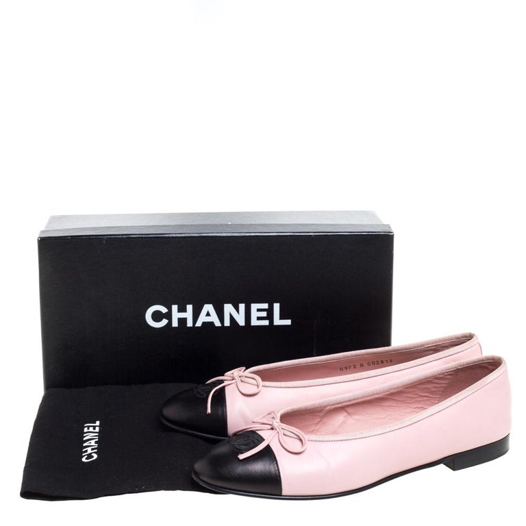 Chanel Pink/Black Leather Bow CC Cap Toe Ballet Flats Size 39.5 at 1stDibs
