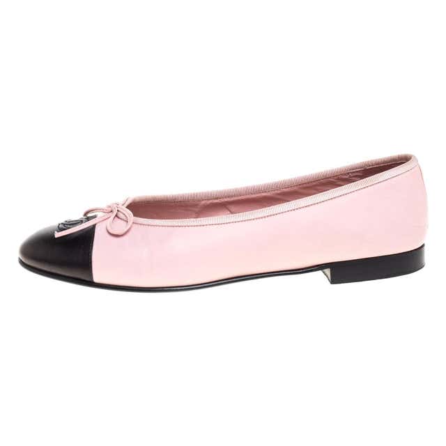 Chanel Pink/Black Leather Bow CC Cap Toe Ballet Flats Size 39.5 at ...