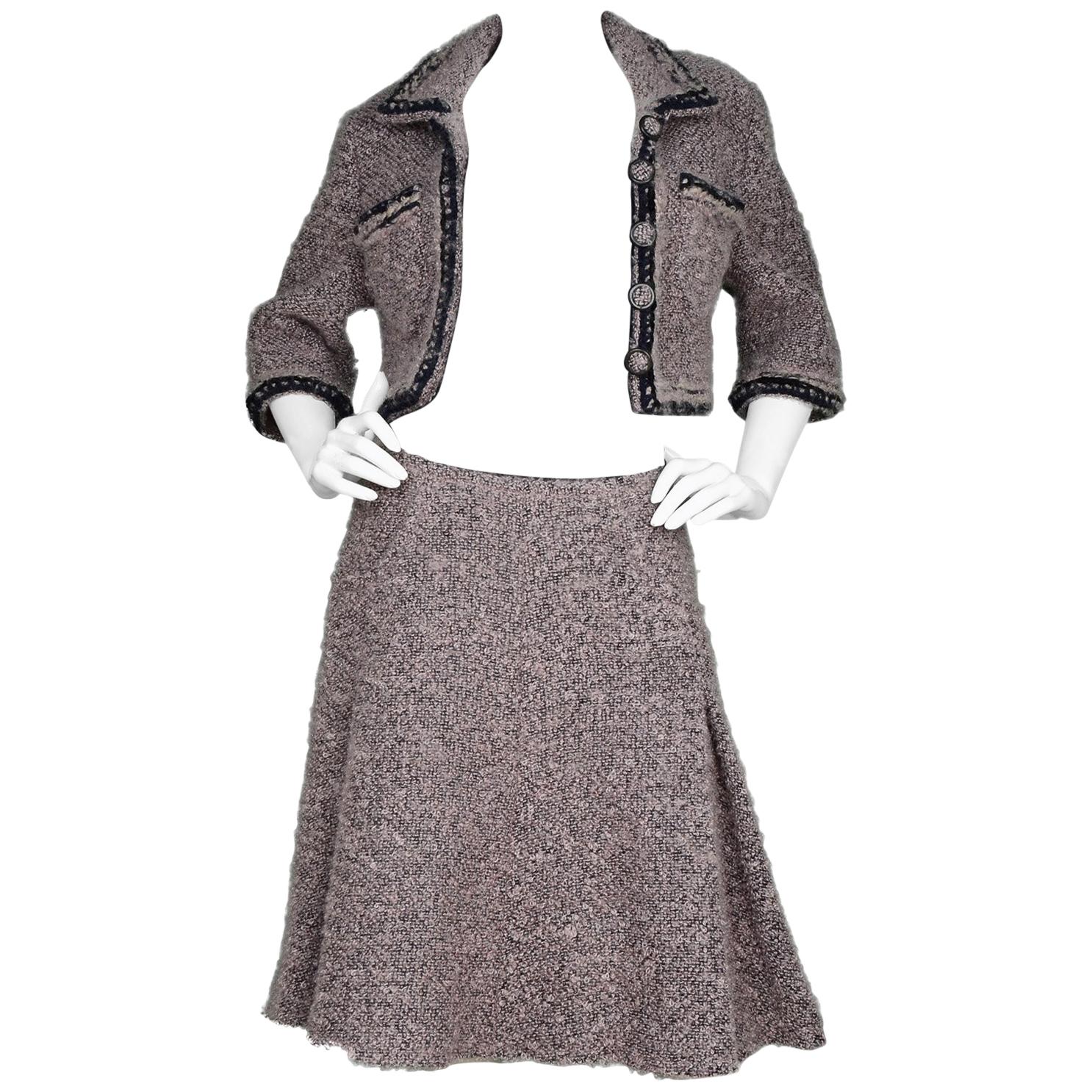 Chanel Pink/Black Mohair Skirt/Cropped Jacket 2 Piece Suit Set Sz 40