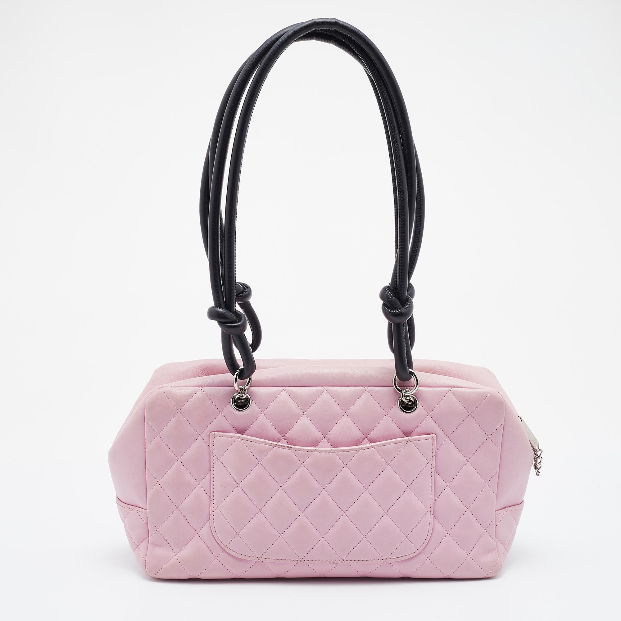 Chanel Pink/Black Quilted Leather CC Ligne Cambon Bag 6