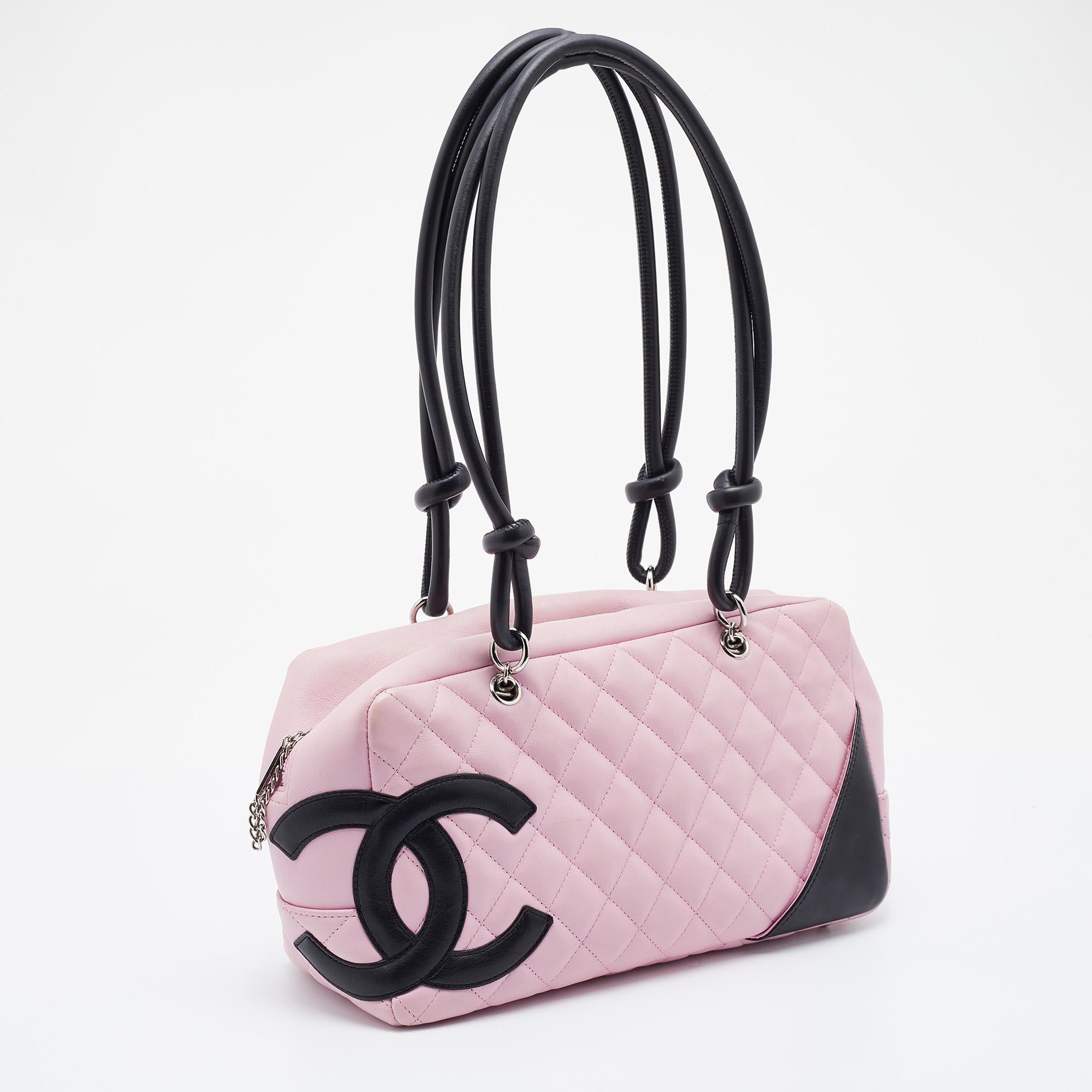 Chanel Pink/Black Quilted Leather CC Ligne Cambon Bag In Good Condition In Dubai, Al Qouz 2