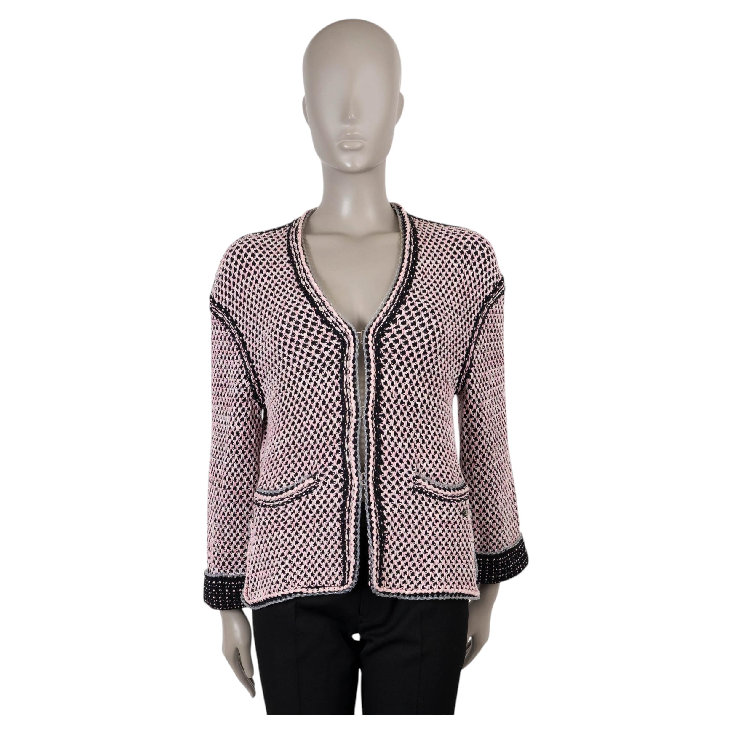 CHANEL rose noir soie 17S RIBBON KNIT Cardigan Pull 36 XS en vente