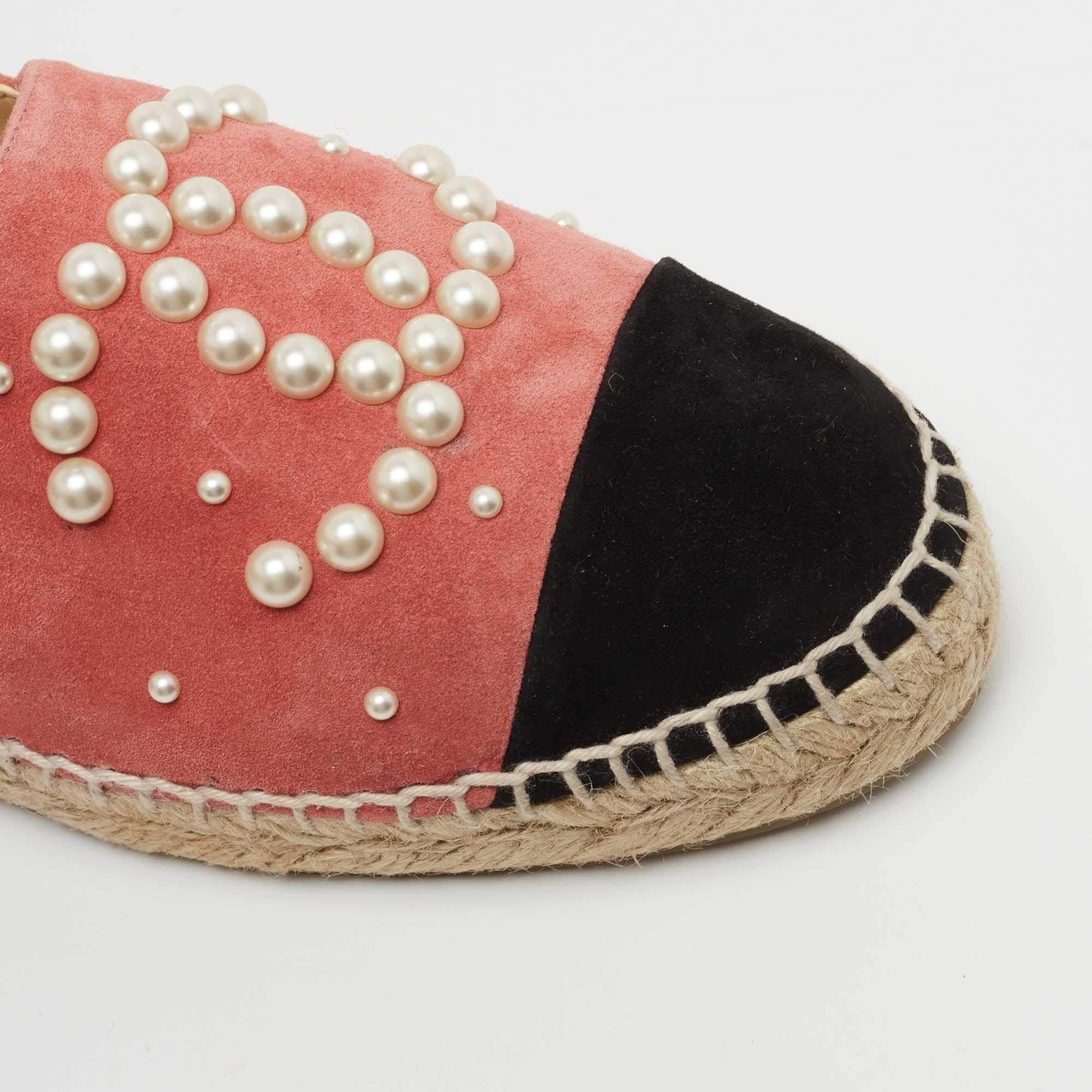 Chanel Pink/Black Suede CC Pearl Espadrilles Flats Size 37 2
