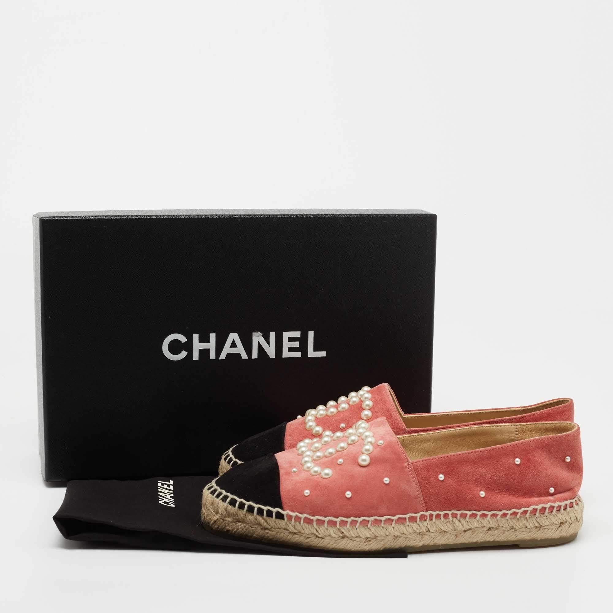 Chanel Pink/Black Suede CC Pearl Espadrilles Flats Size 37 4