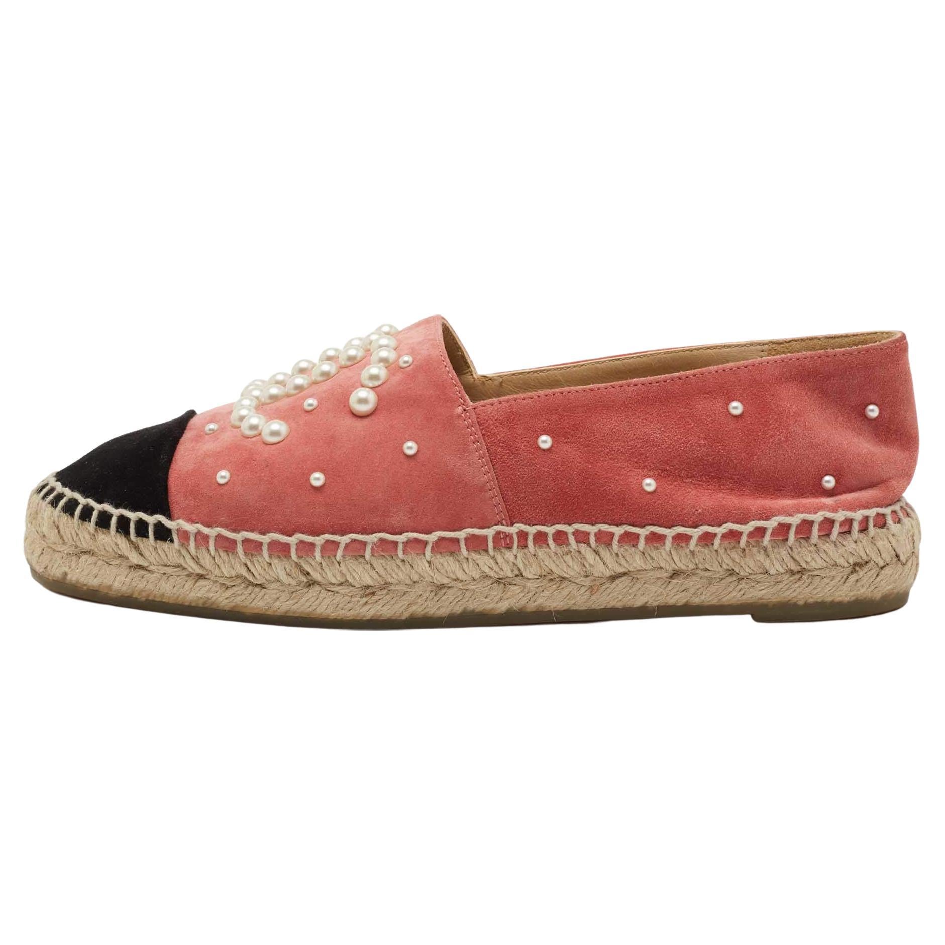 Chanel Pink/Black Suede CC Pearl Espadrilles Flats Size 37