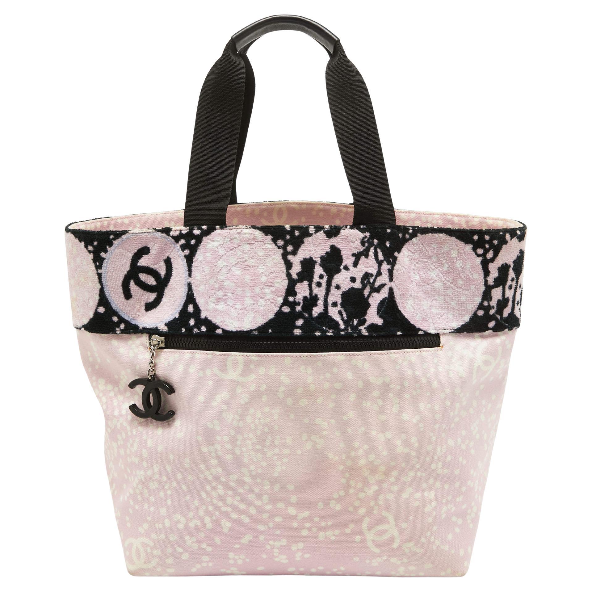 Chanel Pink/ Black Terry Cloth Canvas Tote For Sale