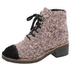 Chanel Pink/Black Tweed Fabric Fantasy Lace-Up Ankle Boots Size 38