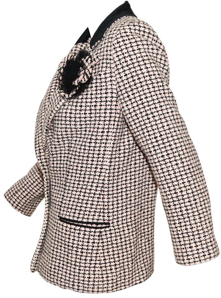 Chanel Pink, Black and White Cotton Tweed W/ Camellia Corsage Jacket 42 at  1stDibs