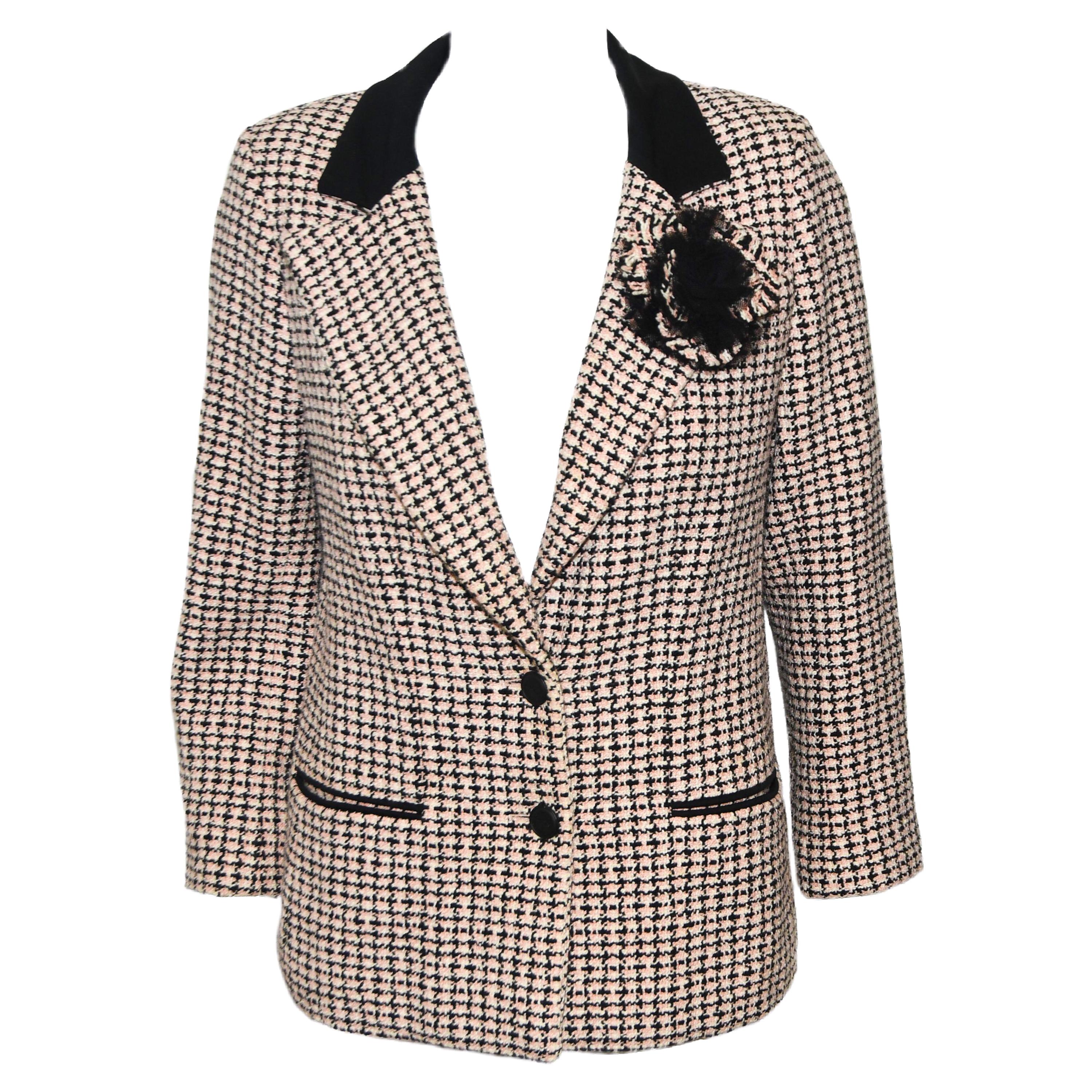 Chanel Pink, Black & White Cotton Tweed W/ Camellia Corsage Jacket 42