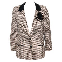 Chanel Pink, Black 
White Cotton Tweed W/ Camellia Corsage Jacket 42