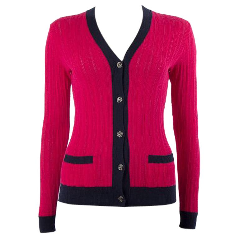 1980's CHANEL red and navy cashmere cardigan For Sale at 1stDibs