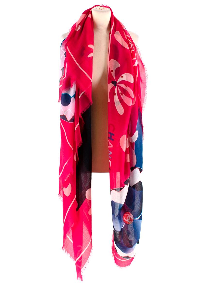Chanel Pink & Blue Boat Floral Print Cashmere Shawl

- Luxurious Super soft lightweight cashmere texture
- Gorgeous boat and flowers like print 
- Beautiful color combination
- Legendary CC logo to the corners
- Fringe details to the hems 
- Classic