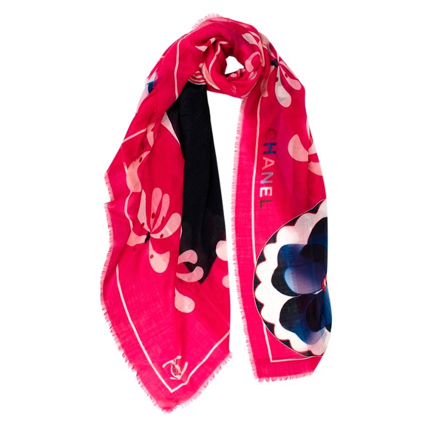 Red Chanel Pink & Blue Cruise Floral Print Cashmere Shawl