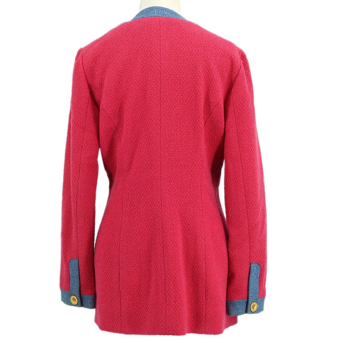 CHANEL Rosa Blau Denim Gold Wolle Tweed Strickjacke mit Knopfleiste - Größe FR 40 (Rot)
