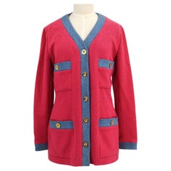 CHANEL Pink Blue Denim Gold Wool Tweed Button Up Cardigan Jacket - Size FR 40