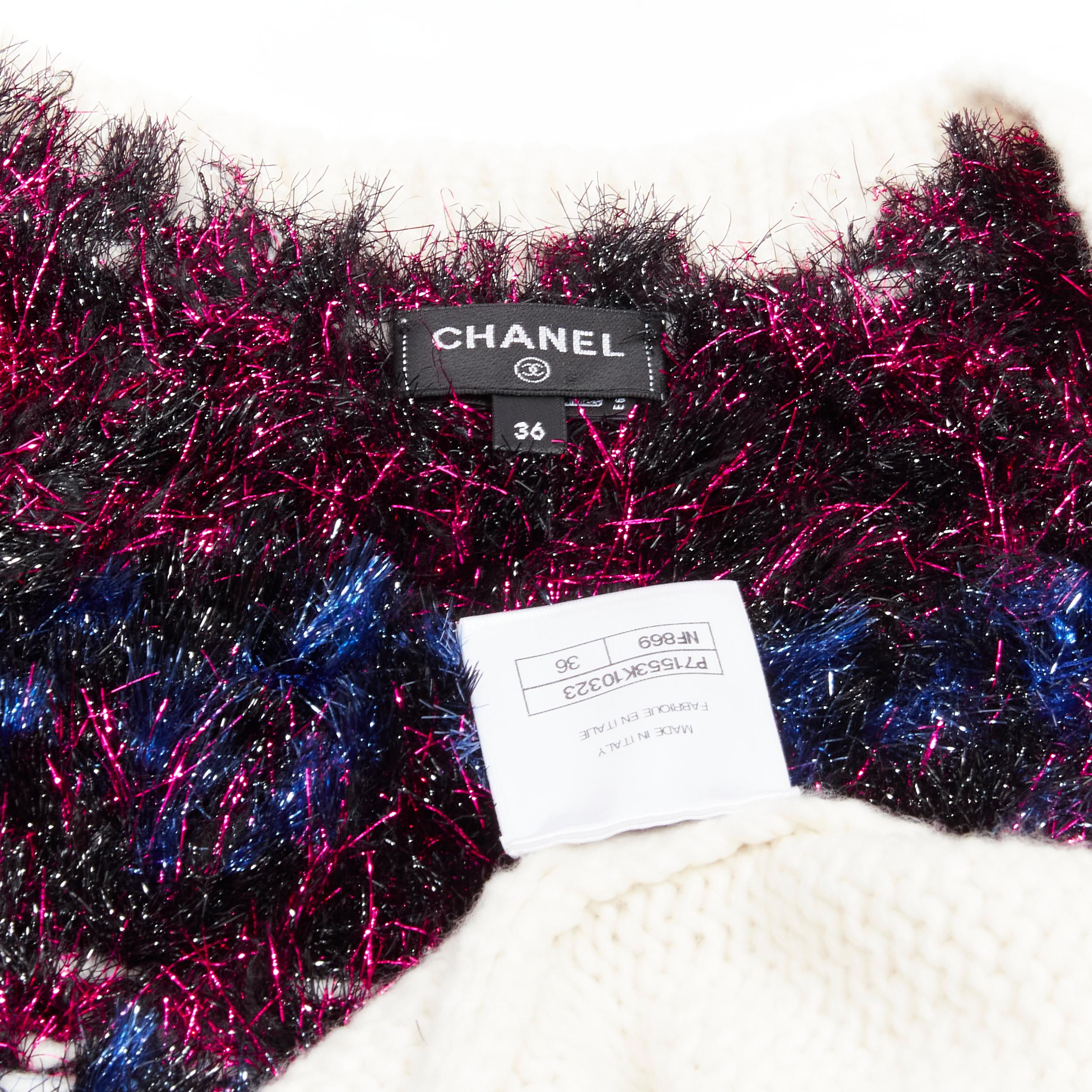 CHANEL pink blue fluffy lurex cream intarsia crystal CC button cardigan FR36 S For Sale 5