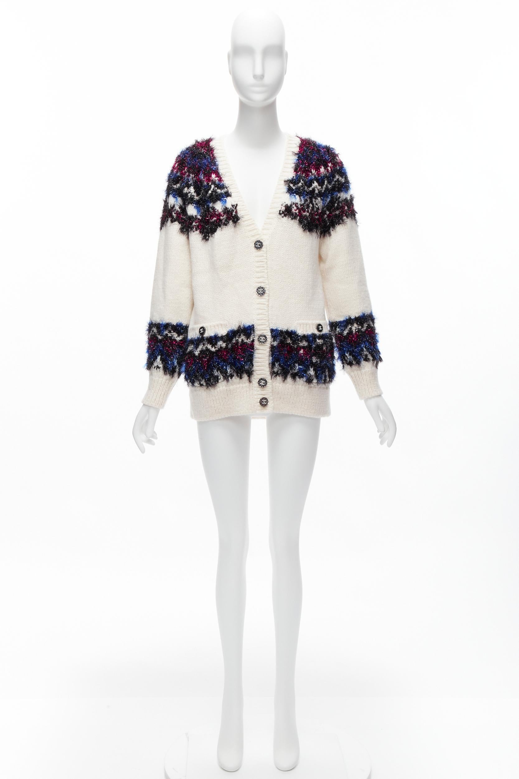 CHANEL pink blue fluffy lurex cream intarsia crystal CC button cardigan FR36 S For Sale 6