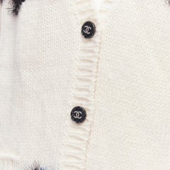 CHANEL pink blue fluffy lurex cream intarsia crystal CC button cardigan FR36 S