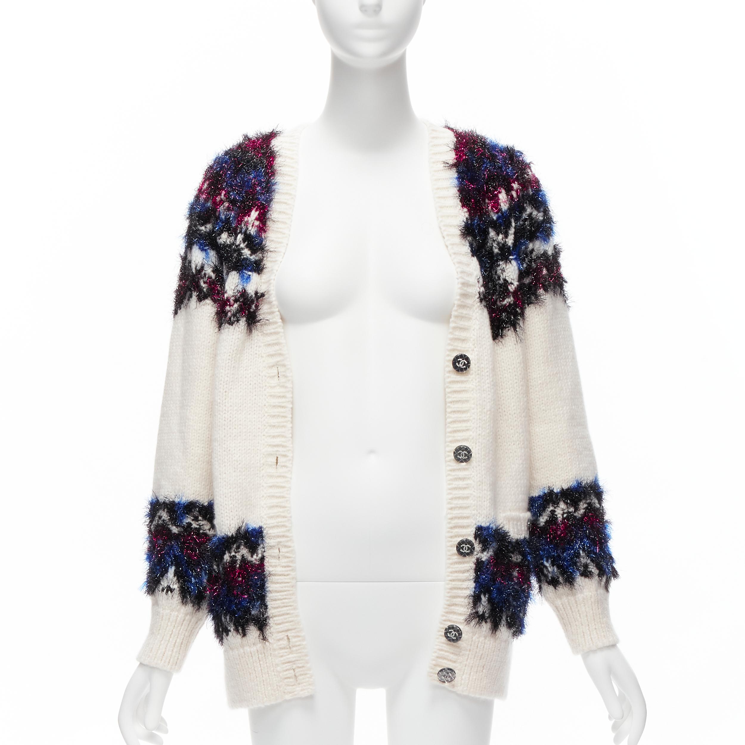 Gray CHANEL pink blue fluffy lurex cream intarsia crystal CC button cardigan FR36 S For Sale