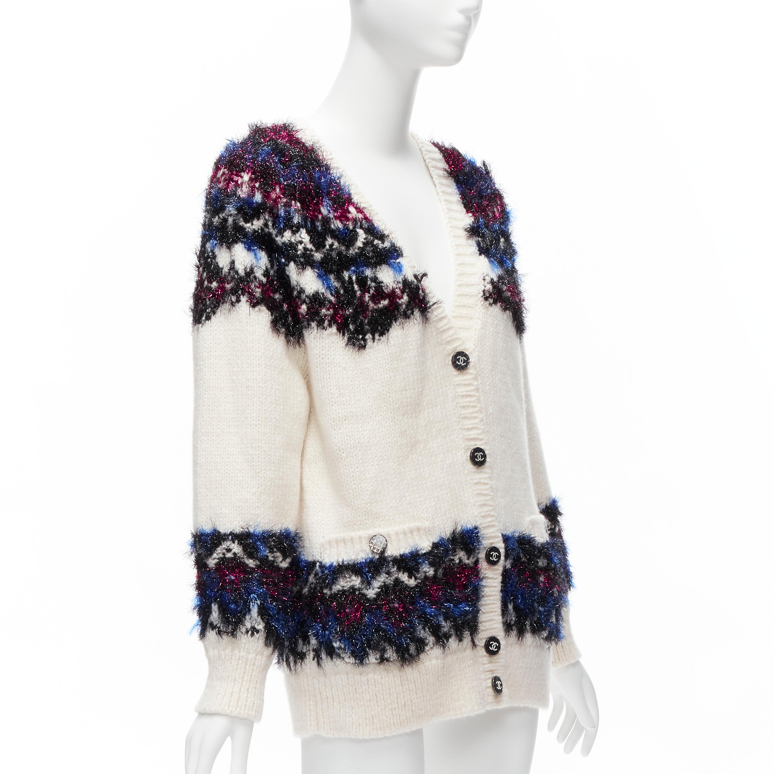 CHANEL pink blue fluffy lurex cream intarsia crystal CC button cardigan FR36 S In Excellent Condition For Sale In Hong Kong, NT