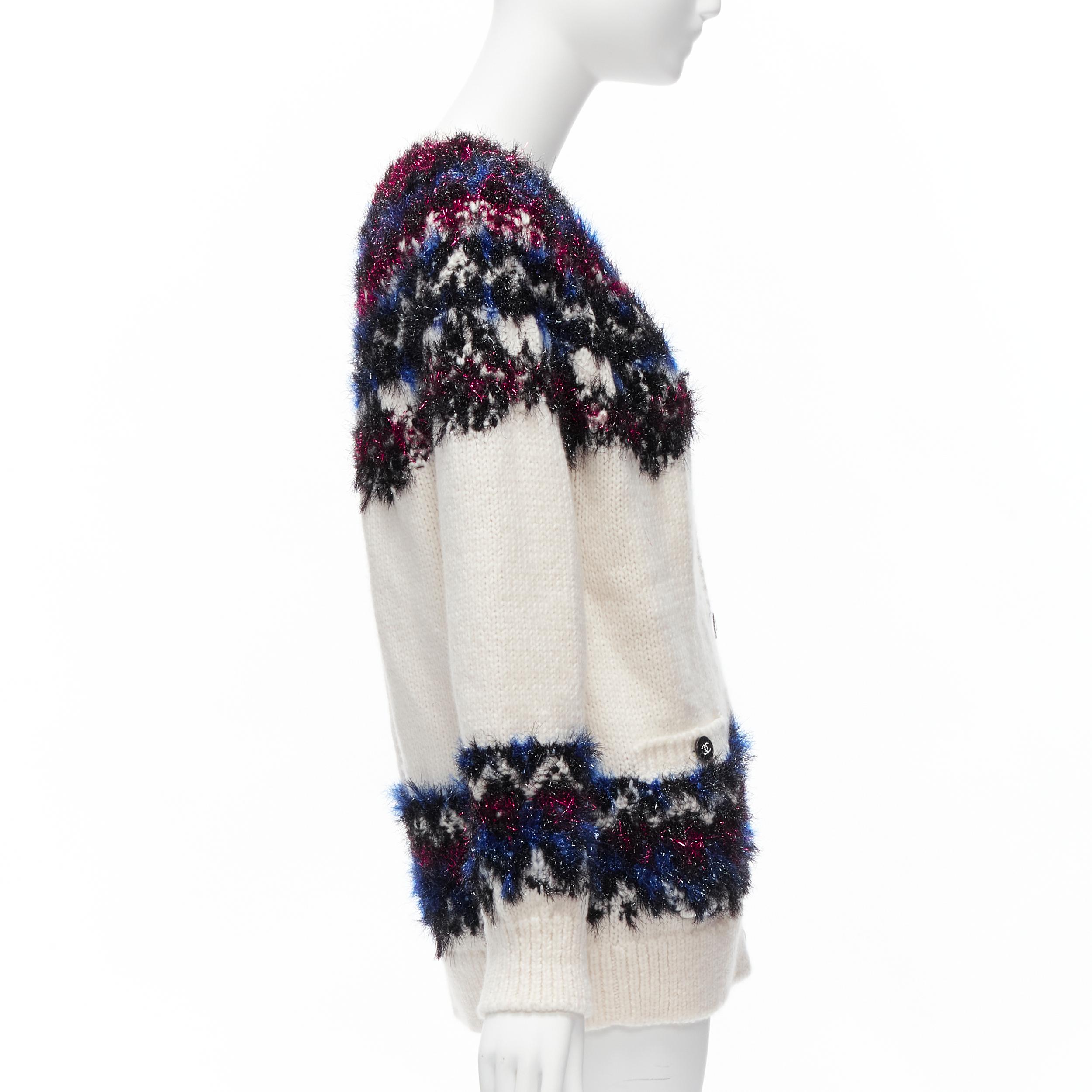 Women's CHANEL pink blue fluffy lurex cream intarsia crystal CC button cardigan FR36 S For Sale