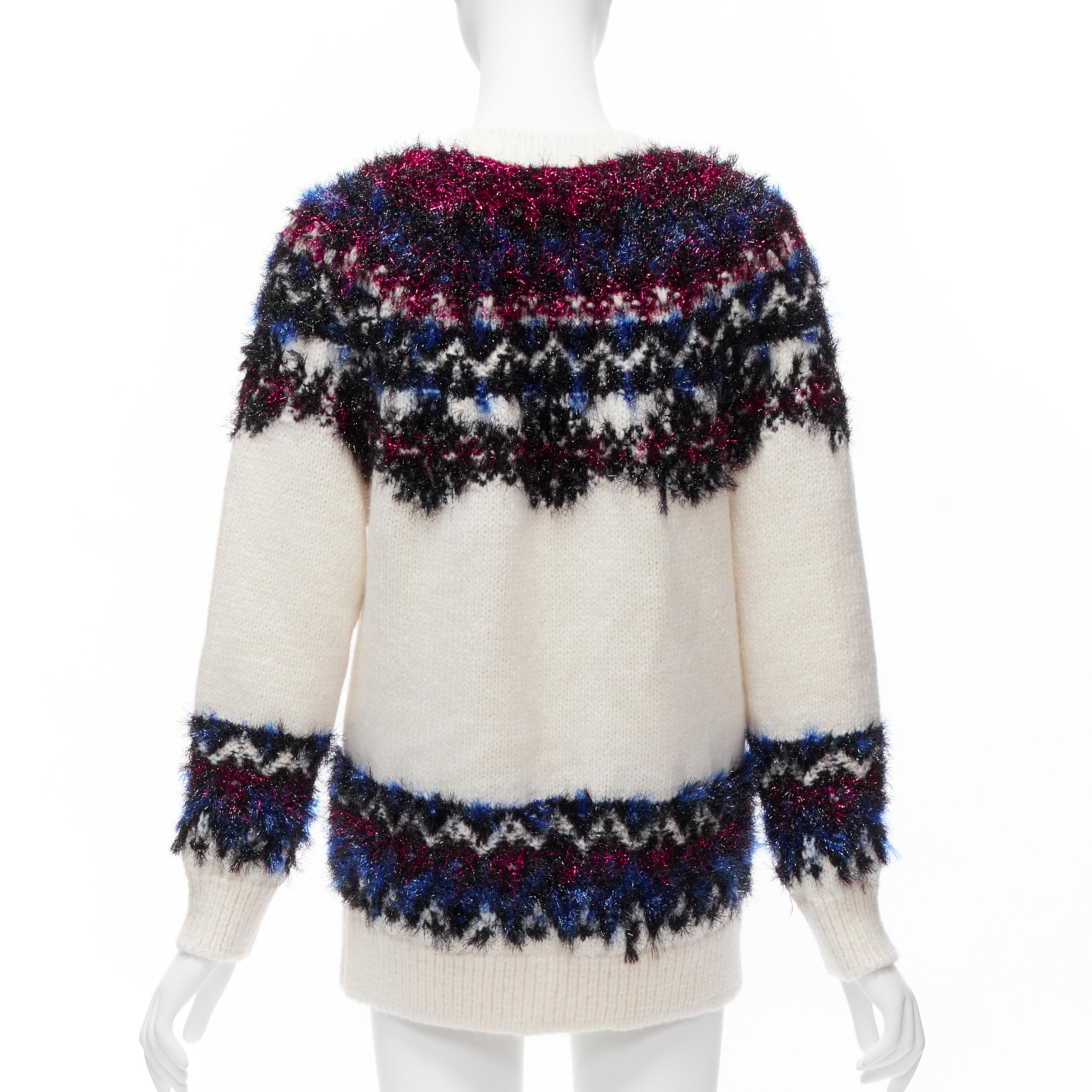 CHANEL pink blue fluffy lurex cream intarsia crystal CC button cardigan FR36 S For Sale 1