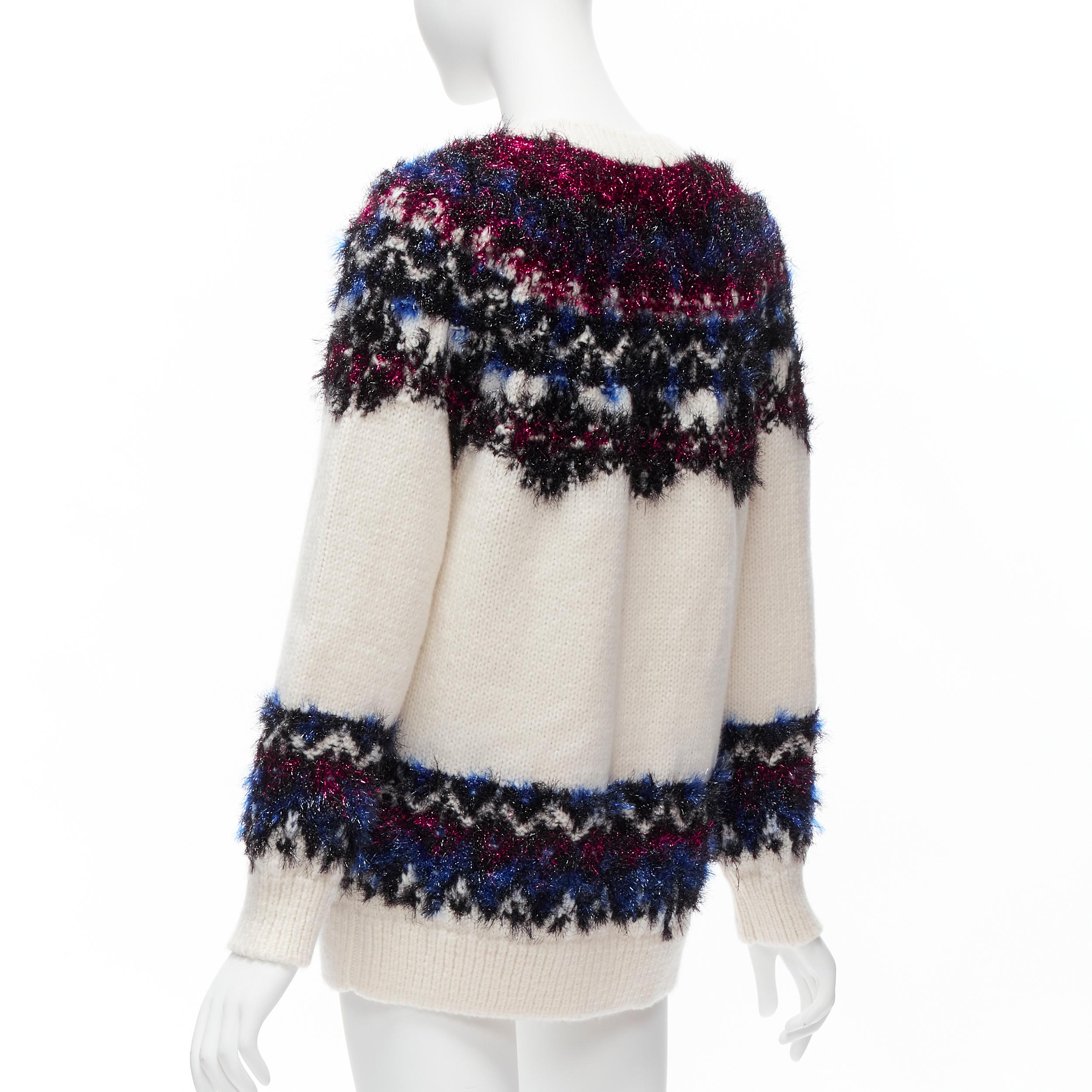 CHANEL pink blue fluffy lurex cream intarsia crystal CC button cardigan FR36 S For Sale 2
