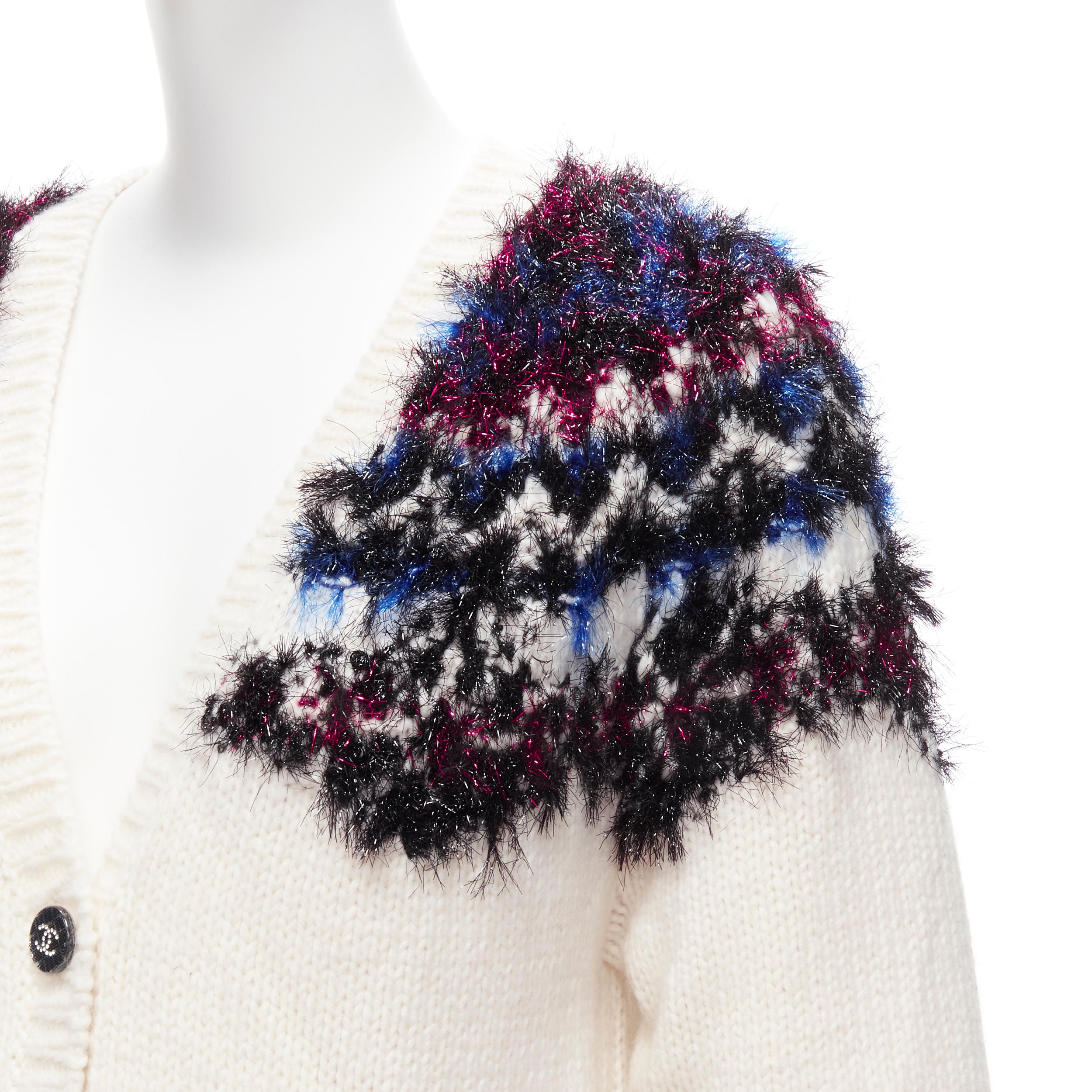 CHANEL pink blue fluffy lurex cream intarsia crystal CC button cardigan FR36 S For Sale 3