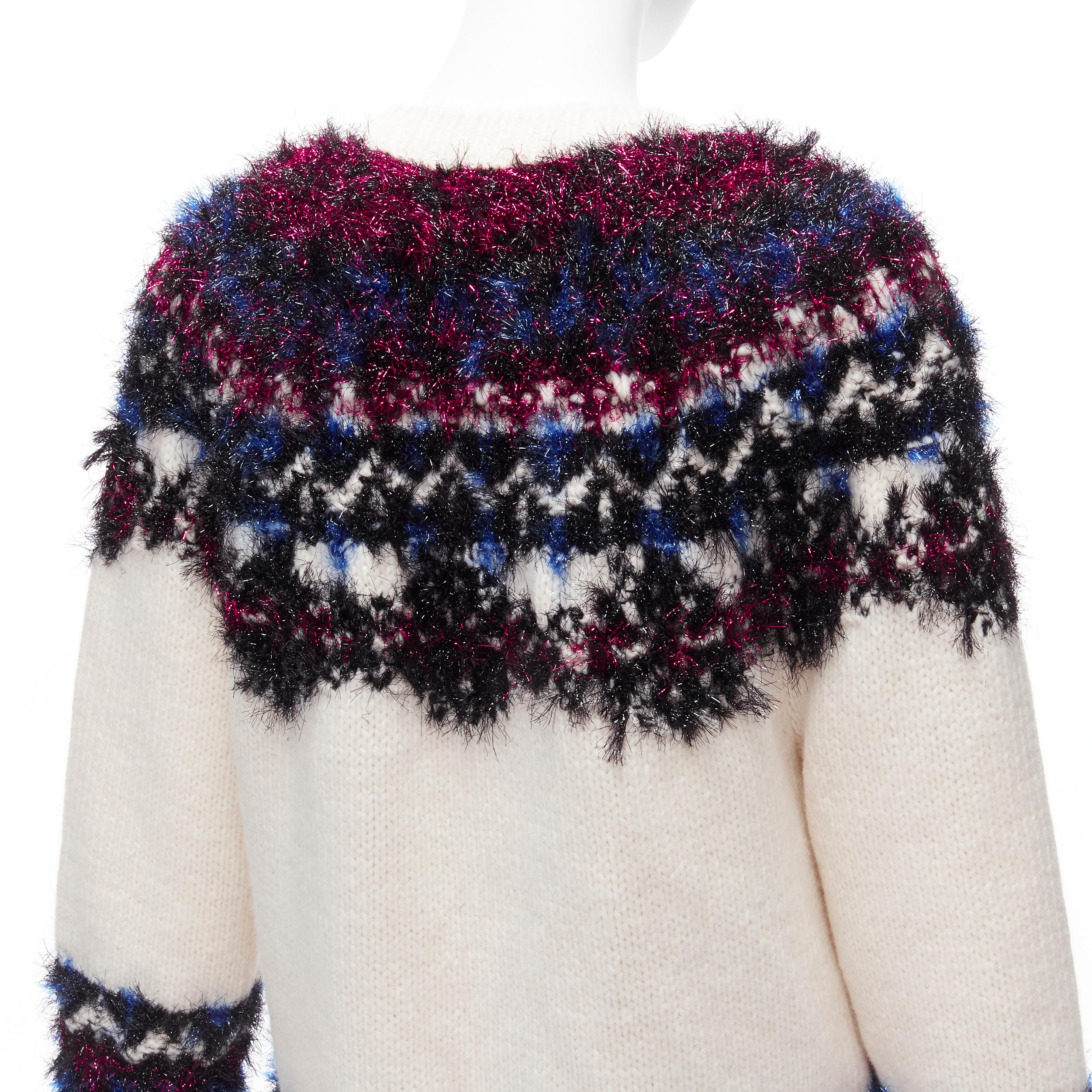 CHANEL pink blue fluffy lurex cream intarsia crystal CC button cardigan FR36 S For Sale 4