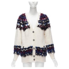 CHANEL rose bleu duveteux lurex crème intarsia cristal CC bouton cardigan FR36 S