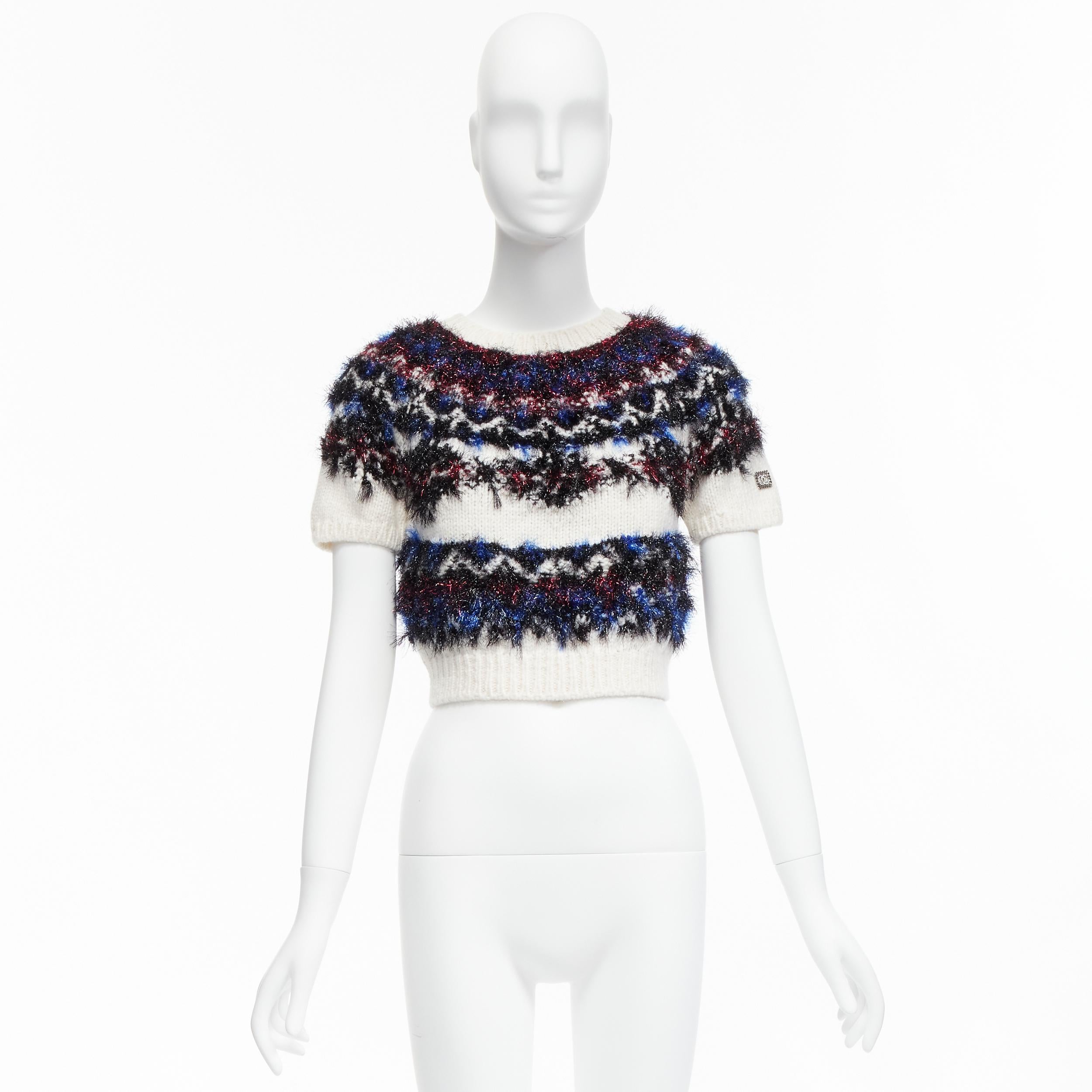 CHANEL pink blue fluffy lurex cream intarsia crystal CC cropped sweater FR34 XS For Sale 5