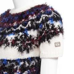 CHANEL pink blue fluffy lurex cream intarsia crystal CC cropped sweater FR34 XS