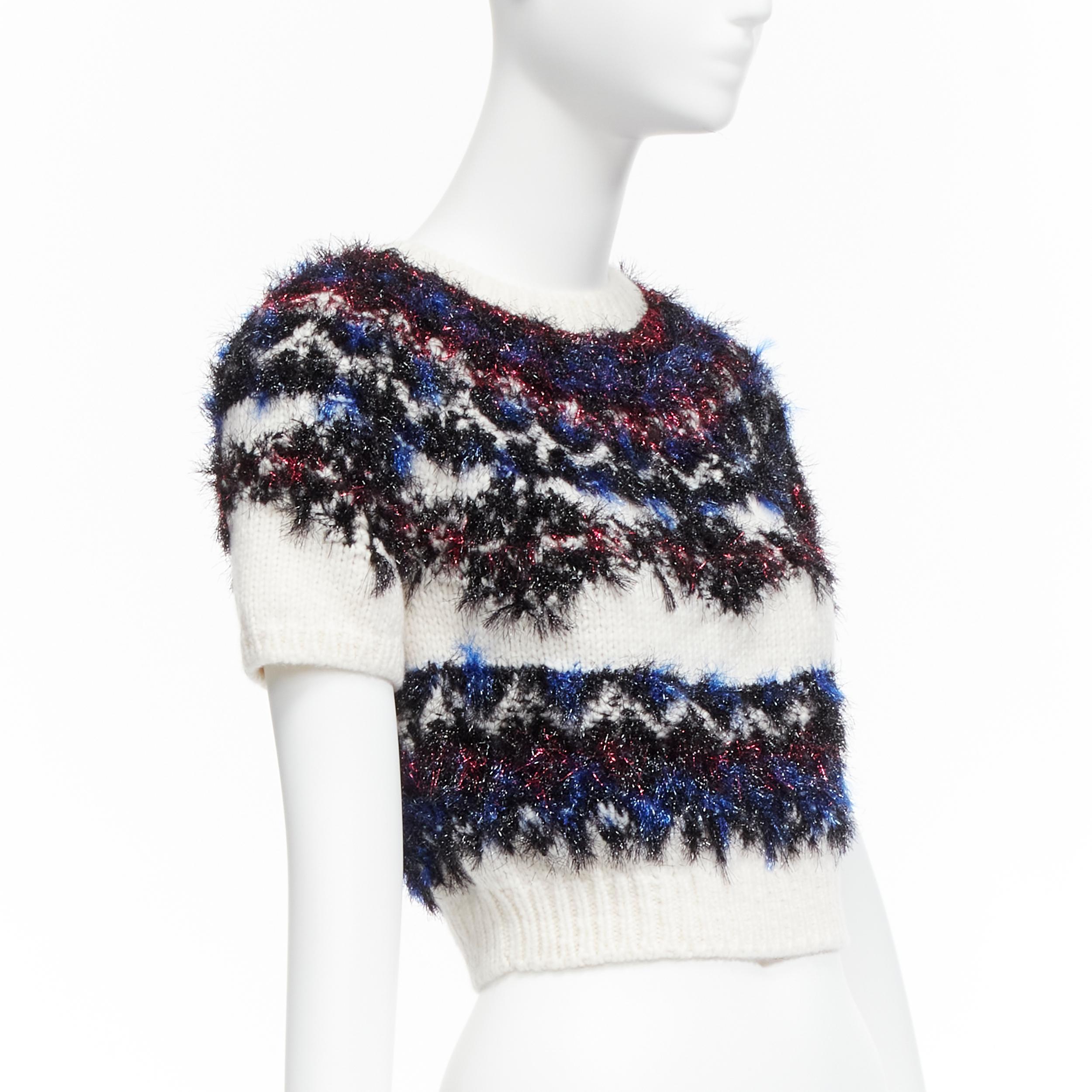 Gray CHANEL pink blue fluffy lurex cream intarsia crystal CC cropped sweater FR34 XS For Sale