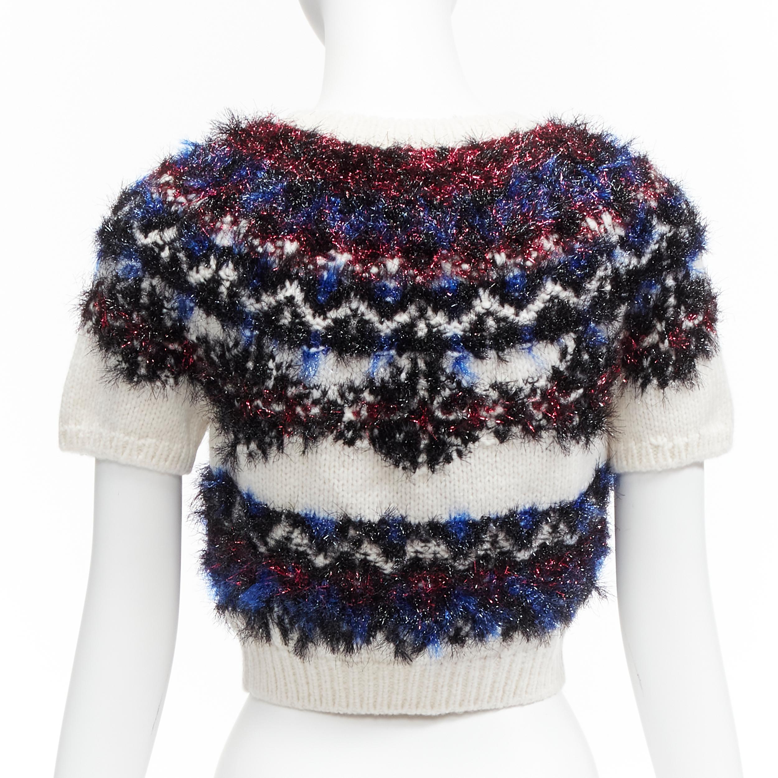 Women's CHANEL pink blue fluffy lurex cream intarsia crystal CC cropped sweater FR34 XS For Sale