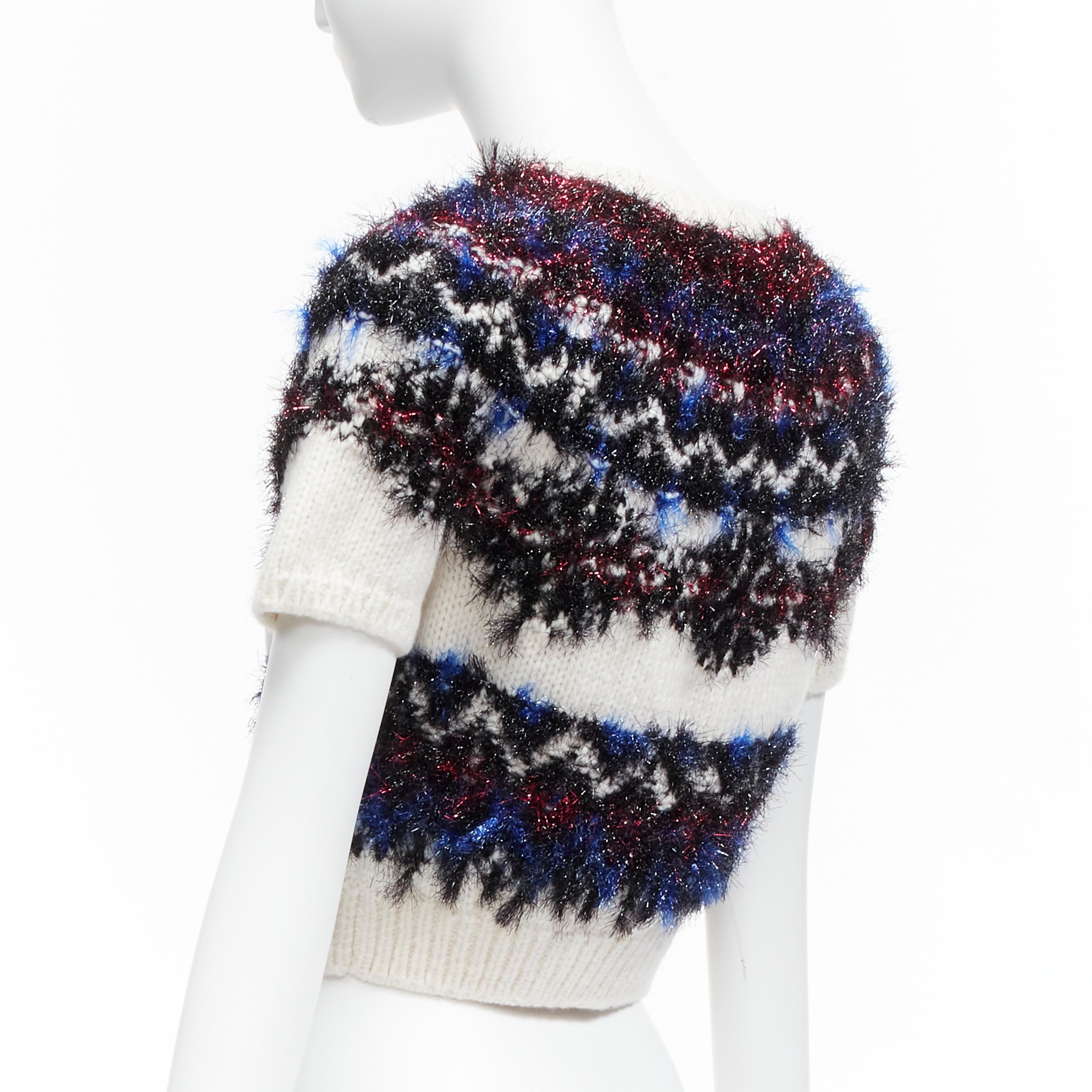 CHANEL pink blue fluffy lurex cream intarsia crystal CC cropped sweater FR34 XS For Sale 1