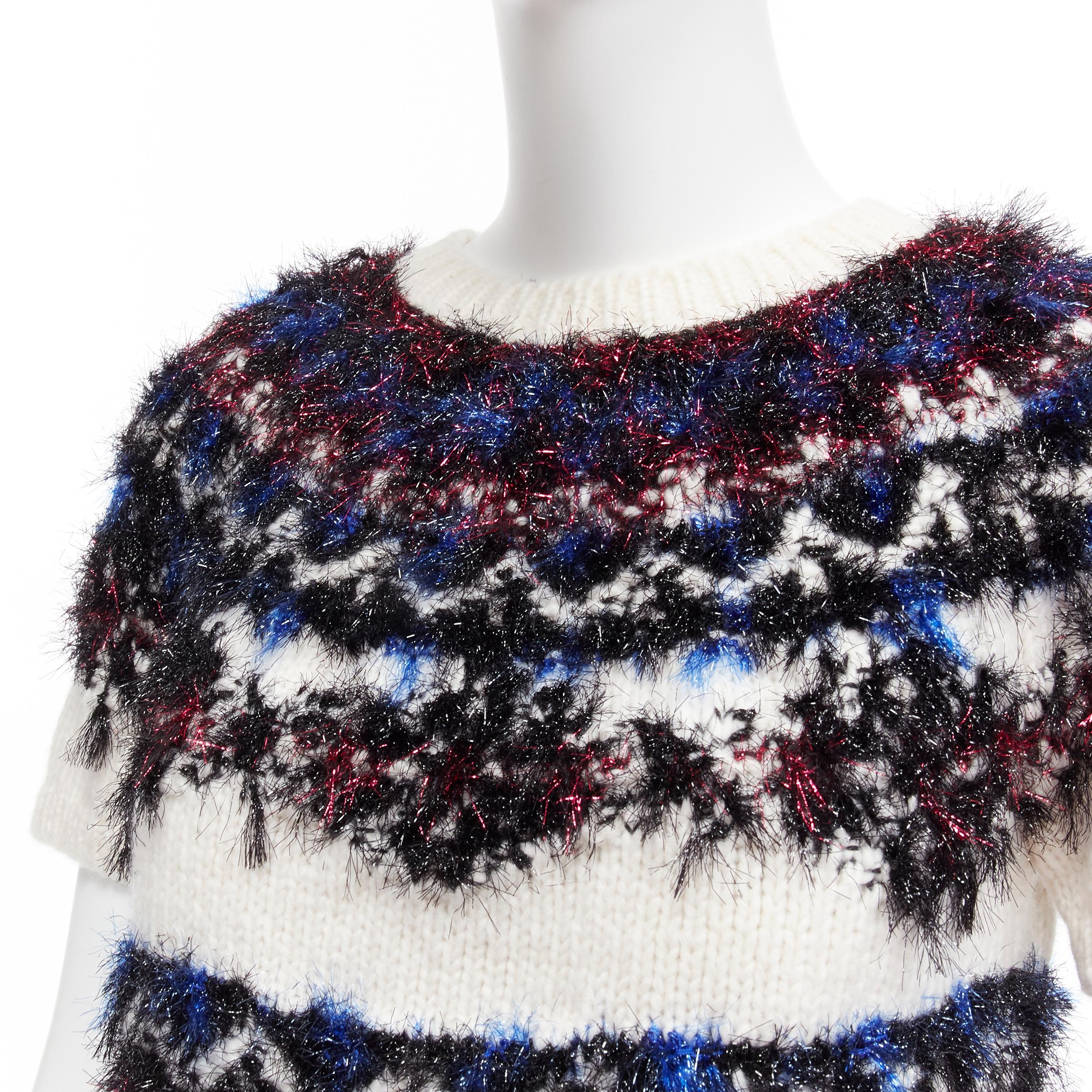 CHANEL pink blue fluffy lurex cream intarsia crystal CC cropped sweater FR34 XS For Sale 2