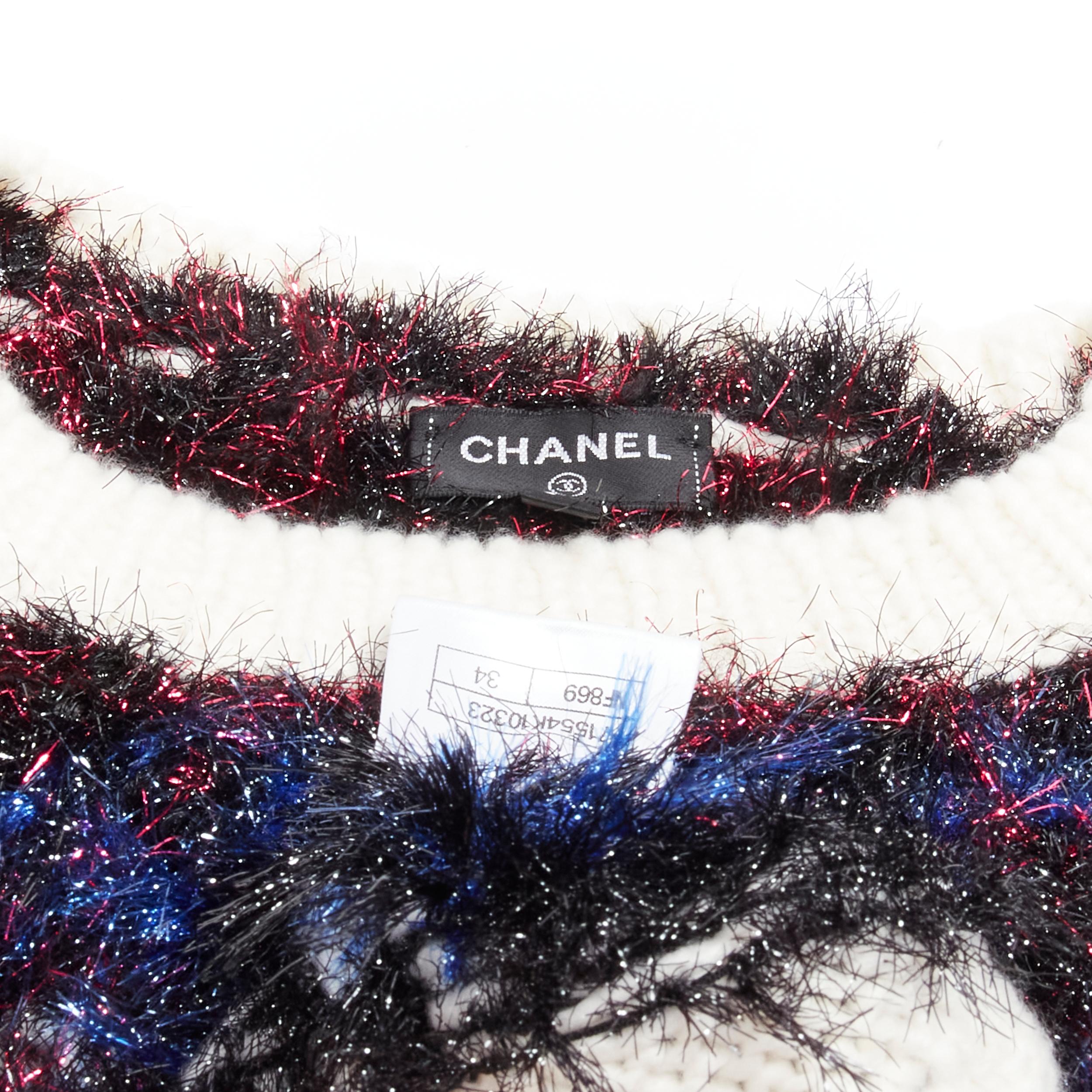 CHANEL pink blue fluffy lurex cream intarsia crystal CC cropped sweater FR34 XS For Sale 4