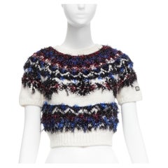 CHANEL pink blue fluffy lurex cream intarsia crystal CC cropped sweater FR34 XS