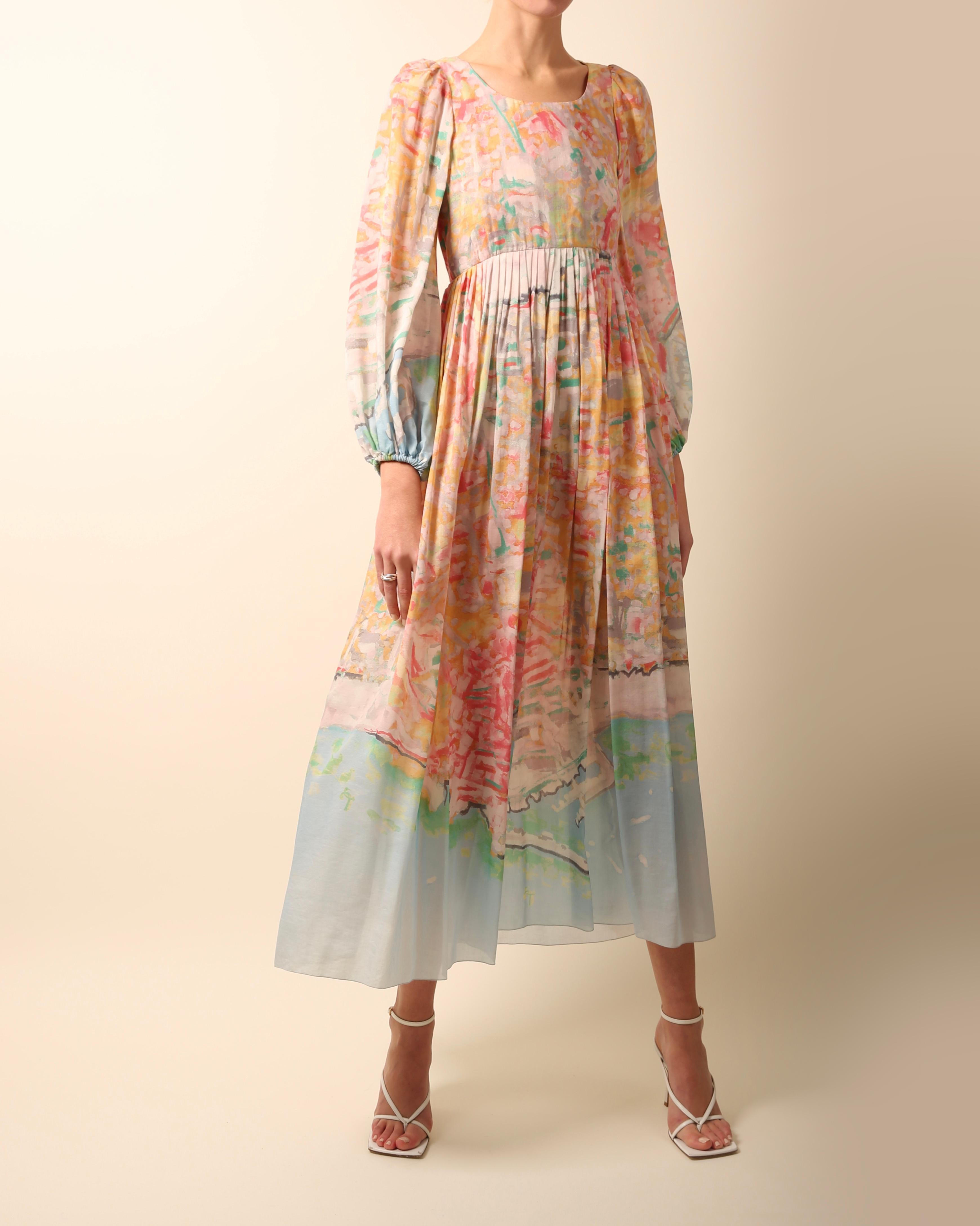 Chanel 2011 pink blue pastel babydoll print puff sleeve midi maxi silk dress  In Excellent Condition For Sale In Paris, FR